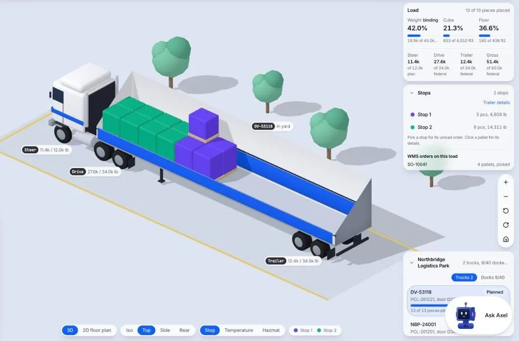 Truck load planner trailer view with colour coded pallets grouped by stop shown in a demo for 3PL warehouse management (demo data)