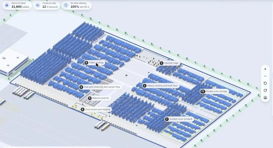 View of a demo warehouse building with racking, labelled zones and dock trucks shown in a demo for 3PL warehouse management (demo data)